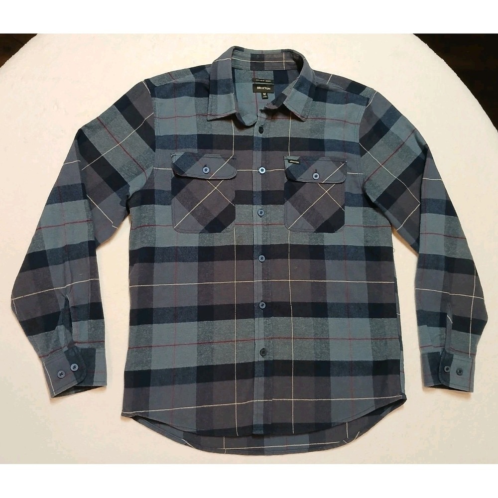 Brixton Bowery Flannel Shirt Mens Medium Blue Grey Plaid Long Sleeve Button Up